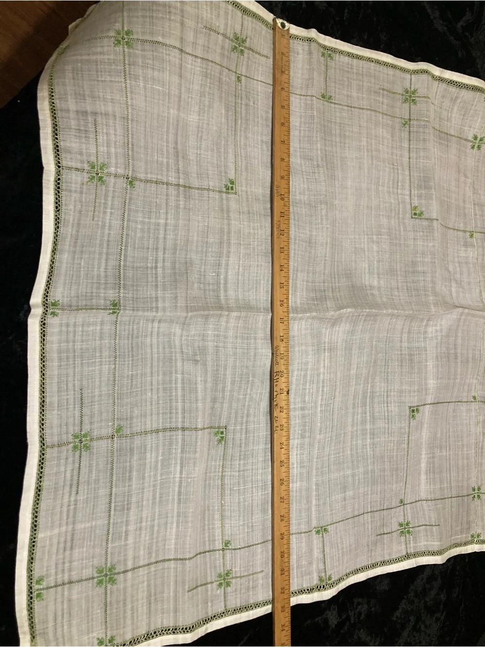 Vintage Embroidered Sheer  White Linen Tablecloth with Green Accents 33” square